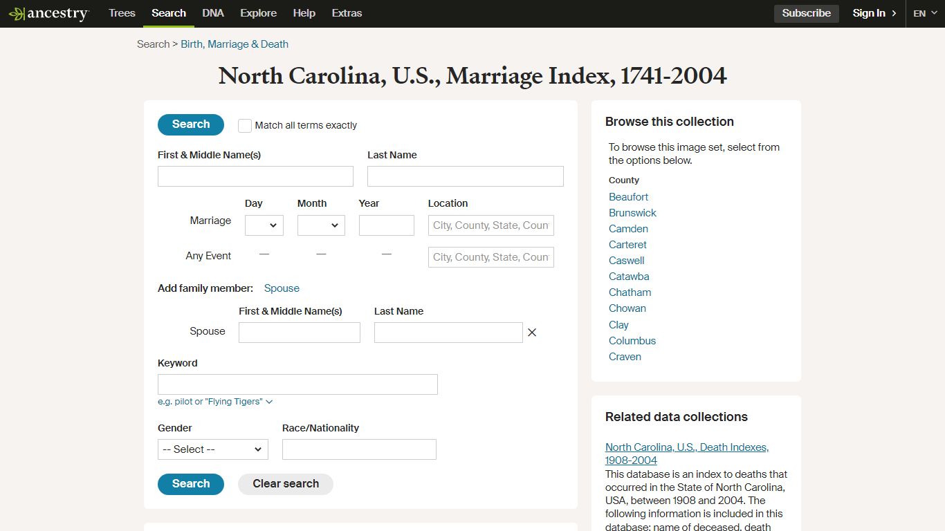 North Carolina, U.S., Marriage Index, 1741-2004 - Ancestry.com